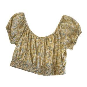 American Eagle Yellow Floral Puff Sleeve Cropped Smocked Top Women's Large